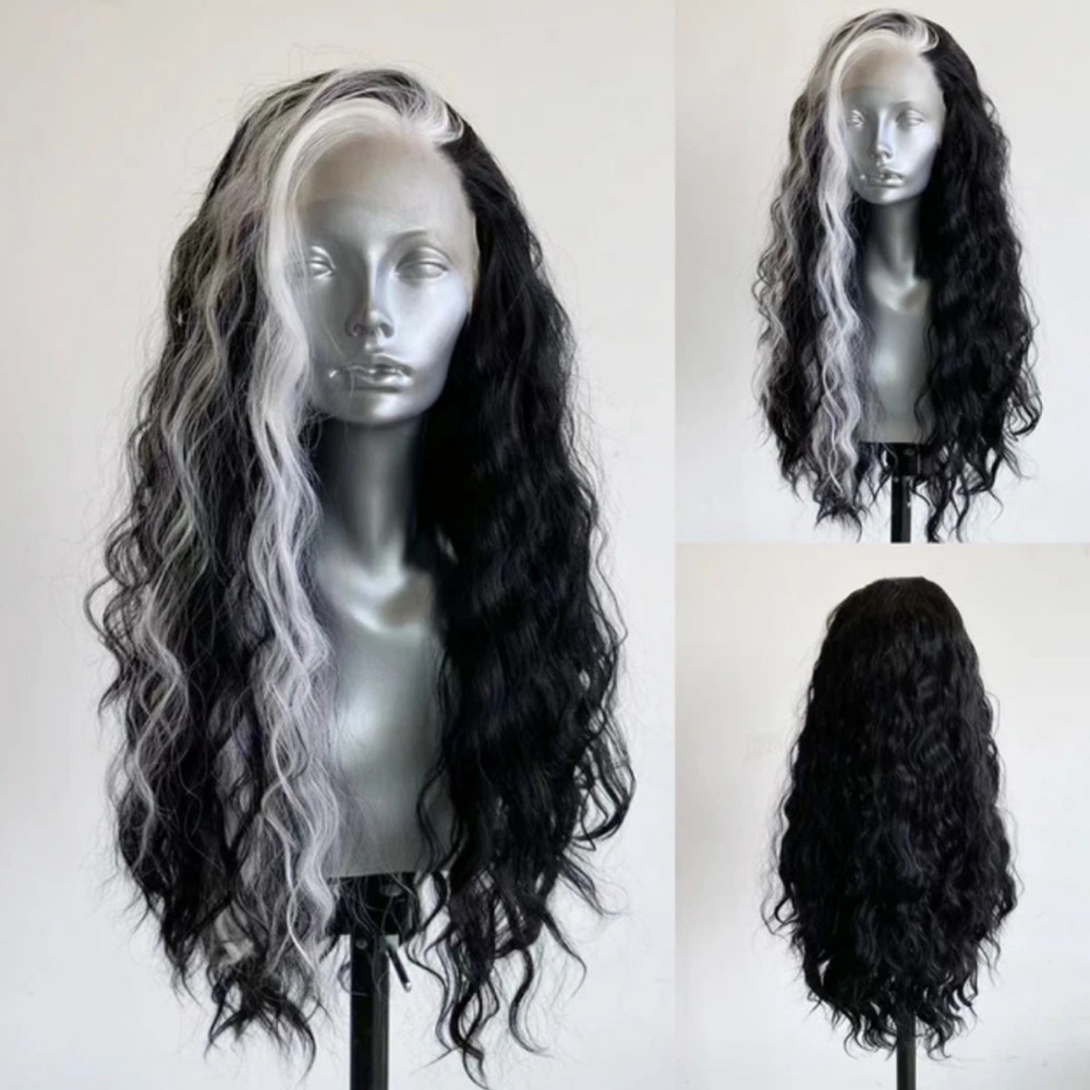 22” Black & White WAVY Lace Front Wig NEW